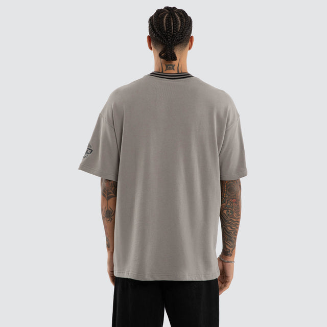 Model wears Fame Cotton Loopback Raptor Tee Grey T-Shirts in Grey - Image 3