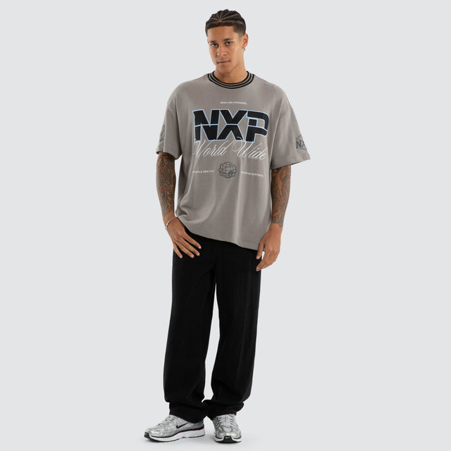 Model wears Fame Cotton Loopback Raptor Tee Grey T-Shirts in Grey - Image 5