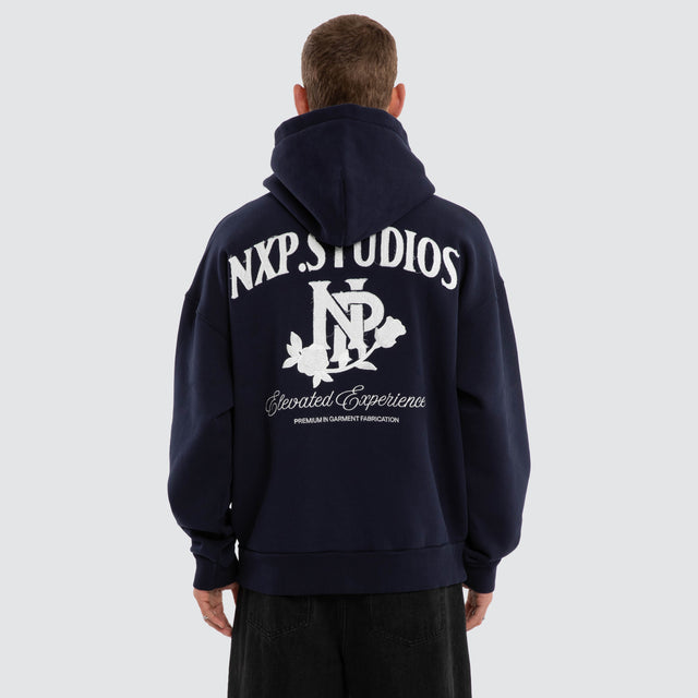 Model wears Fray Motion Box Fit Hoodie Black Iris Hoodies in Black - Image 4