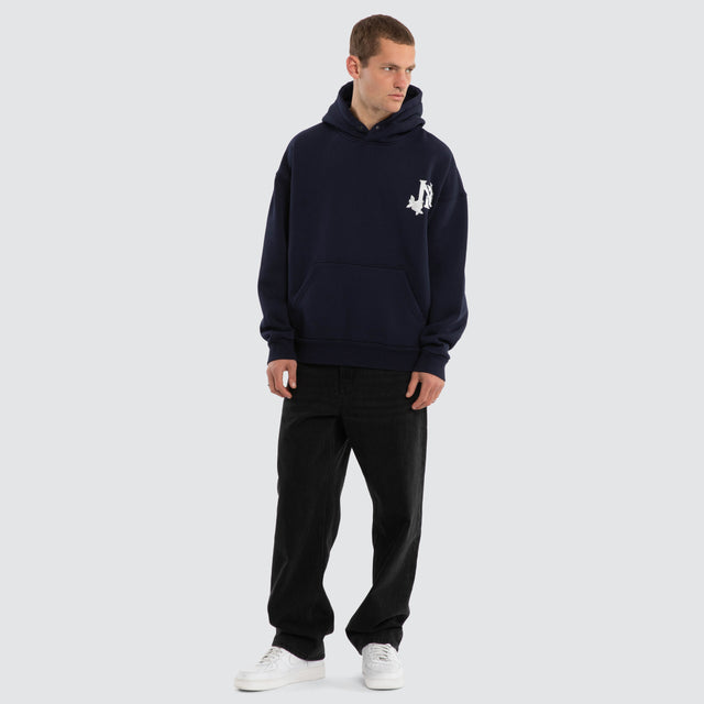 Model wears Fray Motion Box Fit Hoodie Black Iris Hoodies in Black - Image 5