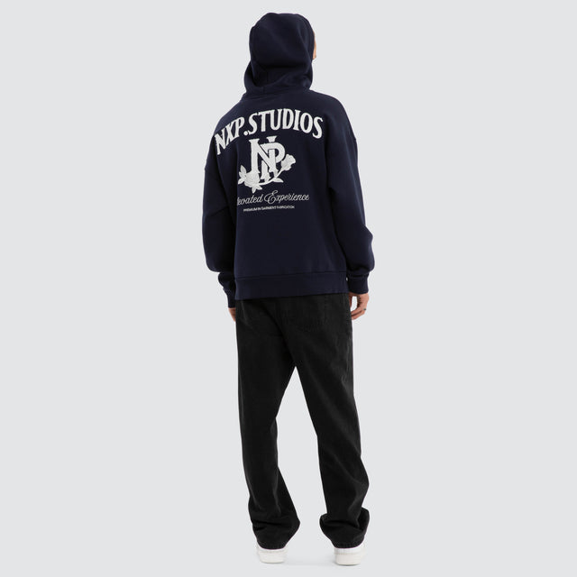 Model wears Fray Motion Box Fit Hoodie Black Iris Hoodies in Black - Image 2