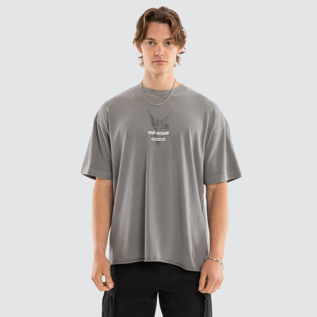 Model wears Pegasus Raptor Tee Pigment Frost Grey T-Shirts in Grey - Image 1