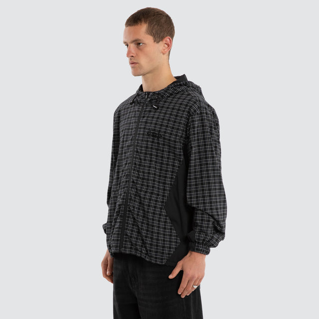 Model wears Chamber Spray Jacket Black Check Jackets in Black - Image 3