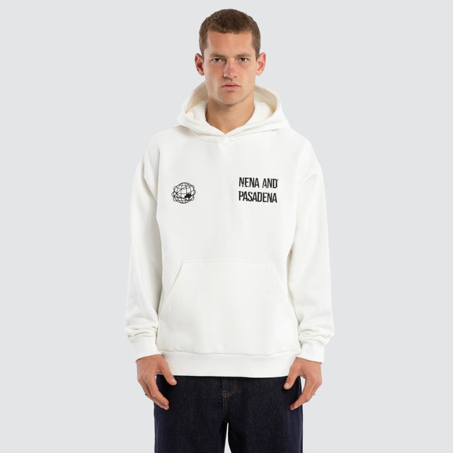 Model wears Caution Relaxed Hoodie Natural White Hoodies in White - Image 1
