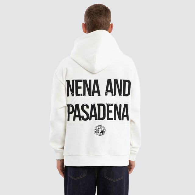 Model wears Caution Relaxed Hoodie Natural White Hoodies in White - Image 4