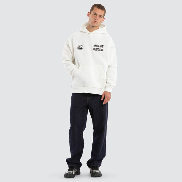 Model wears Caution Relaxed Hoodie Natural White Hoodies in White - Image 5