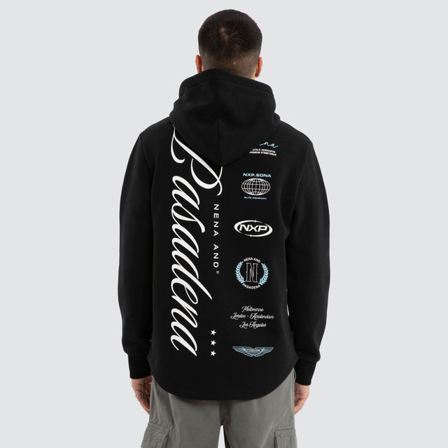 Model wears Break Curved Hem Hoodie Jet Black Hoodies in Black - Image 4