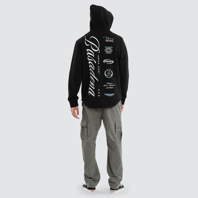 Model wears Break Curved Hem Hoodie Jet Black Hoodies in Black - Image 2