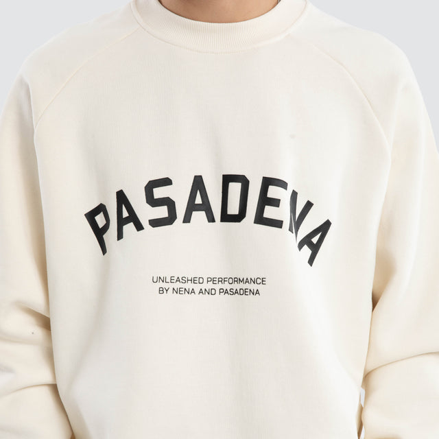 Model wears Rich Raglan Fleece Crew Warm White Gardenia Fleece in White - Image 4