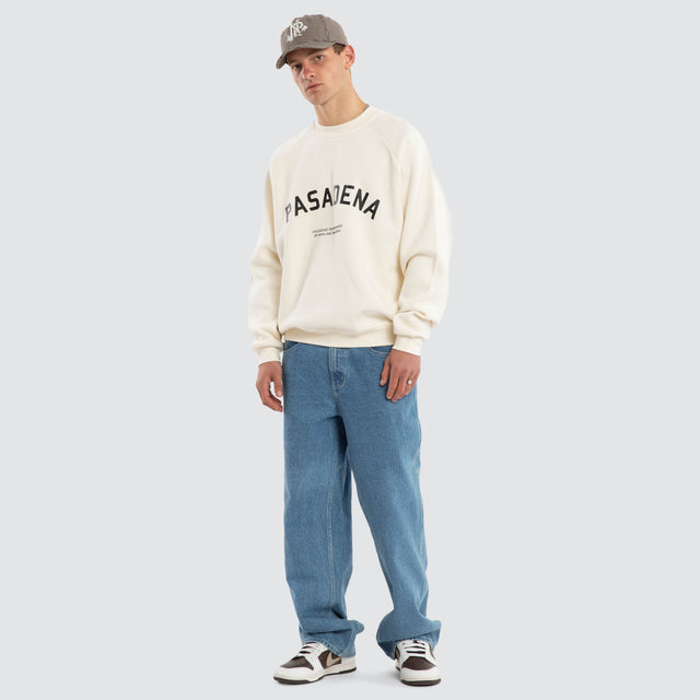 Model wears Rich Raglan Fleece Crew Warm White Gardenia Fleece in White - Image 5