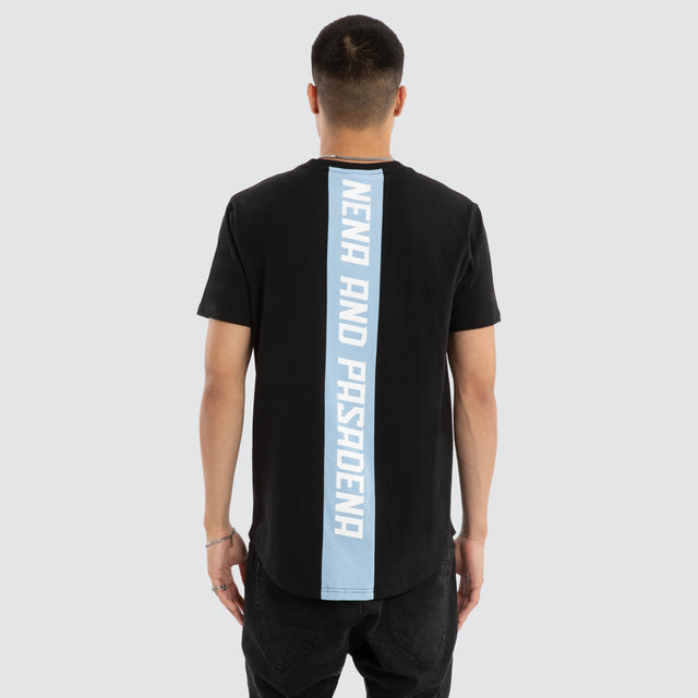 Model wears Synergy Curved Hem Tee Jet Black T-Shirts in Black - Image 1