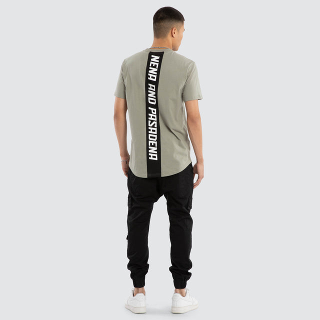 Model wears Synergy Curved Hem Tee in Grey T-Shirts in Grey - Image 5