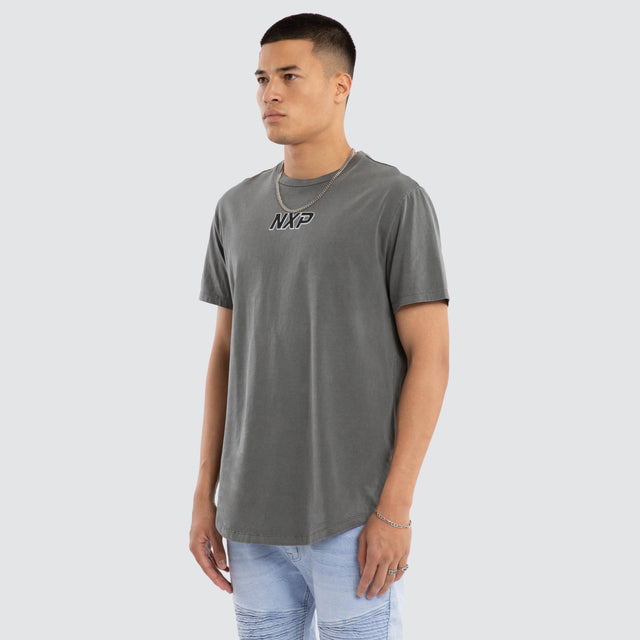 Model wears All For One Curved Hem Tee Grey T-Shirts in Grey - Image 3