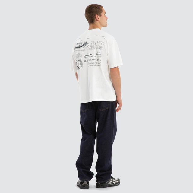 Model wears Audiophile Box Fit Tee Natural White T-Shirts in White - Image 2