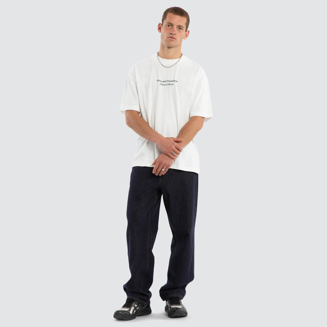 Model wears Audiophile Box Fit Tee Natural White T-Shirts in White - Image 5