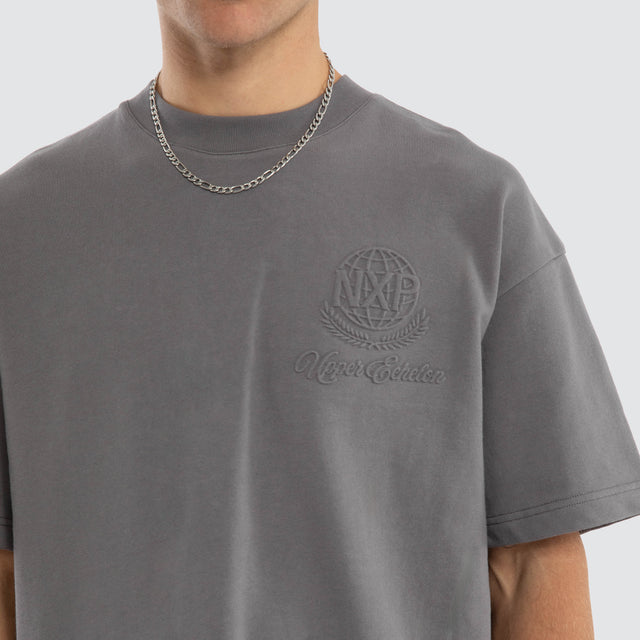 Model wears Opus Cotton Loopback Box Fit Tee Steel Grey T-Shirts in Grey - Image 4