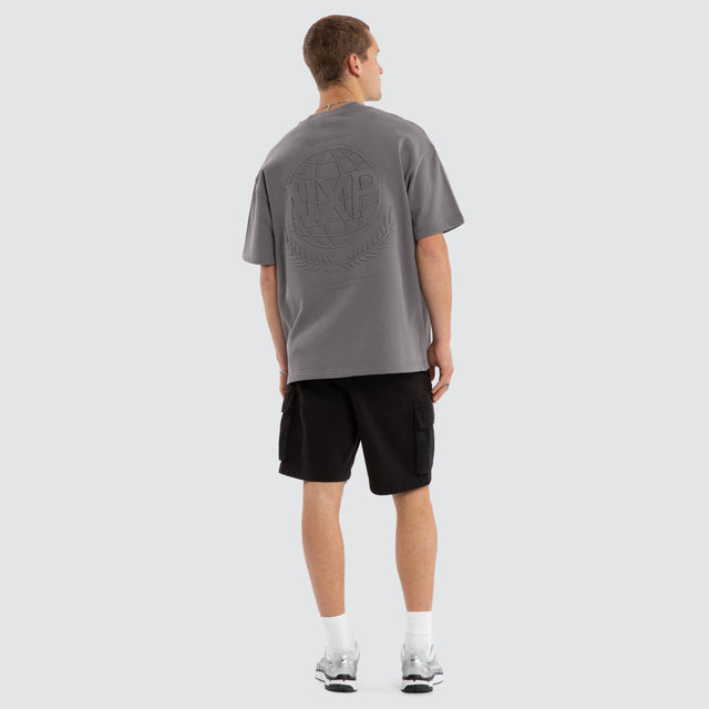 Model wears Opus Cotton Loopback Box Fit Tee Steel Grey T-Shirts in Grey - Image 5