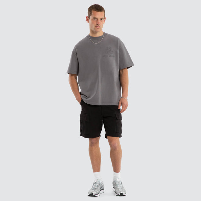Model wears Opus Cotton Loopback Box Fit Tee Steel Grey T-Shirts in Grey - Image 2