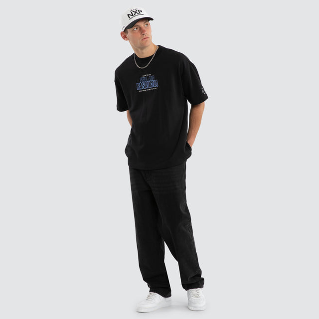 Model wears Certified Loopback Raptor Tee Anthracite Black T-Shirts in Black - Image 5