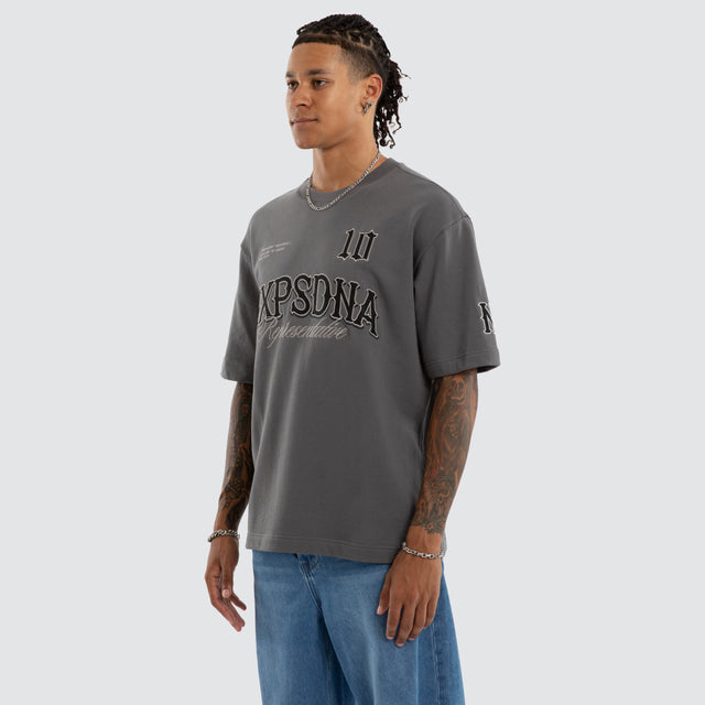 Model wears Warrior Cotton Loopback Oversized Tee in Grey T-Shirts in Grey - Image 3