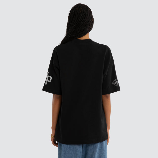 Model wears Focus Cotton Loopback Relaxed Fit T-Shirt Black  T-Shirts in Black - Image 5