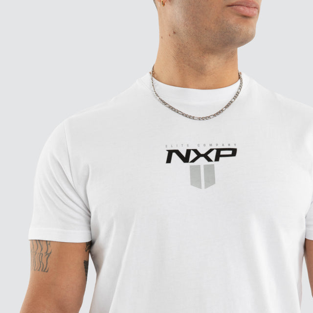 Model wears Crew Curved Hem T-Shirt White  T-Shirts in White - Image 3