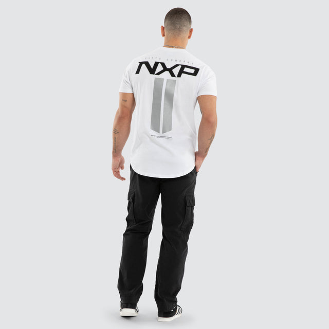 Model wears Crew Curved Hem T-Shirt White  T-Shirts in White - Image 4
