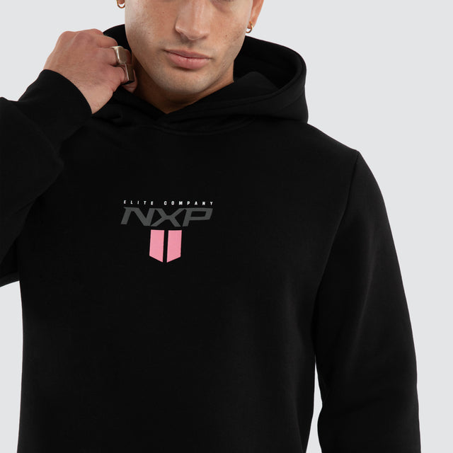 Model wears Crew Curved Hem Hoodie Black Hoodies in Black - Image 3