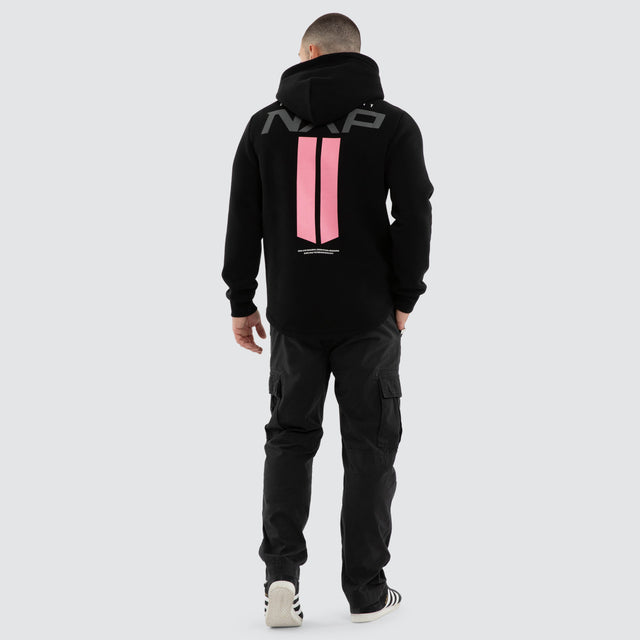 Model wears Crew Curved Hem Hoodie Black Hoodies in Black - Image 4
