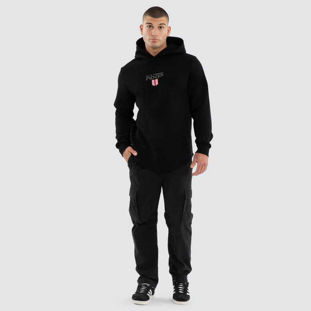 Model wears Crew Curved Hem Hoodie Black Hoodies in Black - Image 5