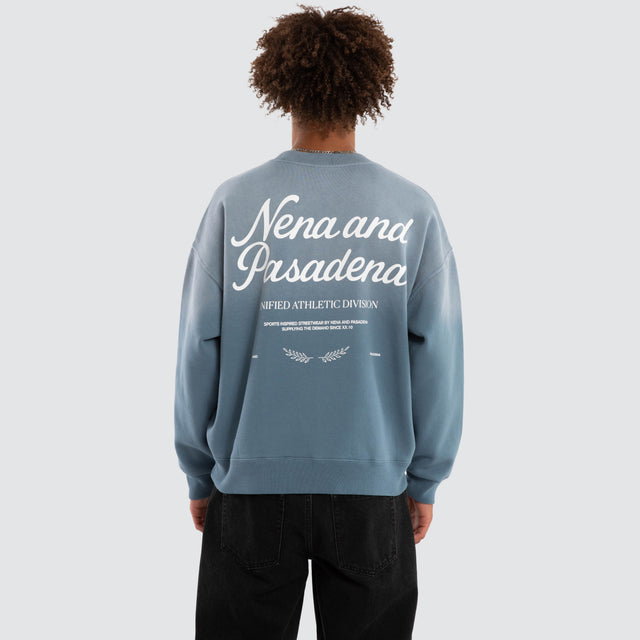 Model wears Nivalis Box Fit Sweater Sunbleached Agean Blue Jumpers Blue – image 1