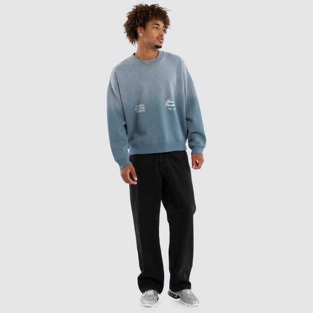 Model wears Nivalis Box Fit Sweater Sunbleached Agean Blue Jumpers Blue – image 2