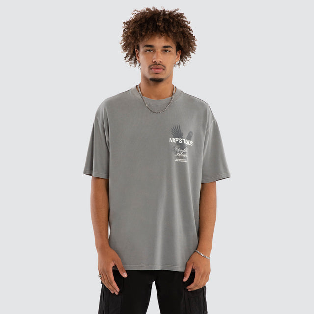 Model wears Moros Box Fit Tee Pigment Frost Grey T-Shirts Grey – image 1