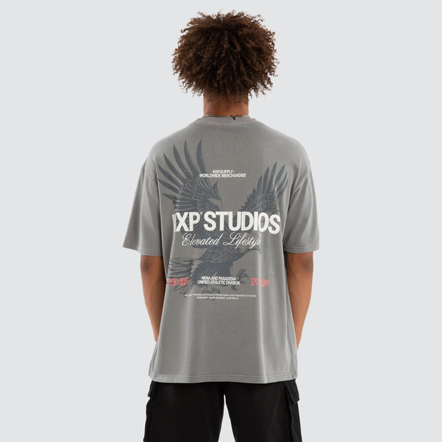 Model wears Moros Box Fit Tee Pigment Frost Grey T-Shirts Grey – image 2