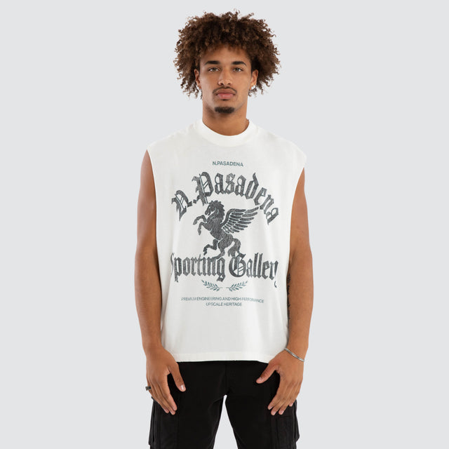 Model wears Stables Mechanic Muscle Natural White Muscle Tees White – image 1