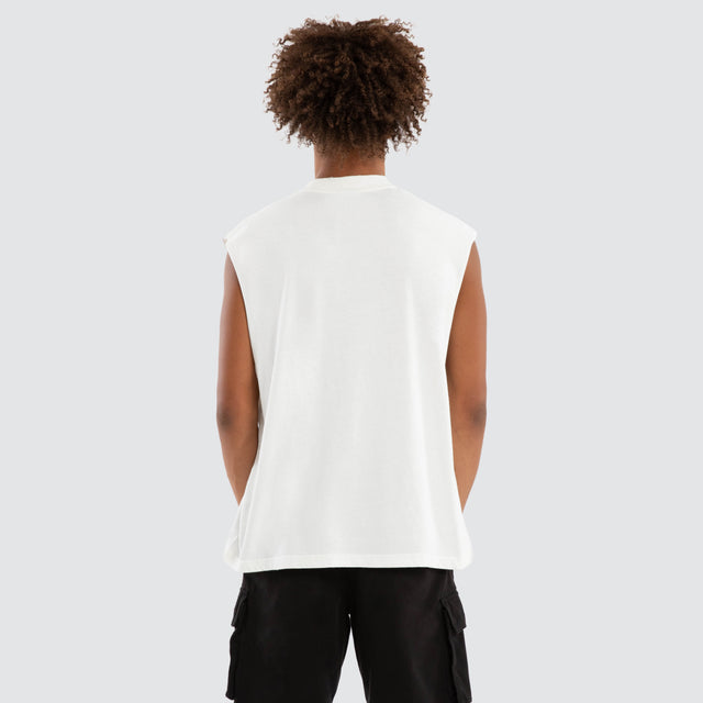 Model wears Stables Mechanic Muscle Natural White Muscle Tees White – image 3