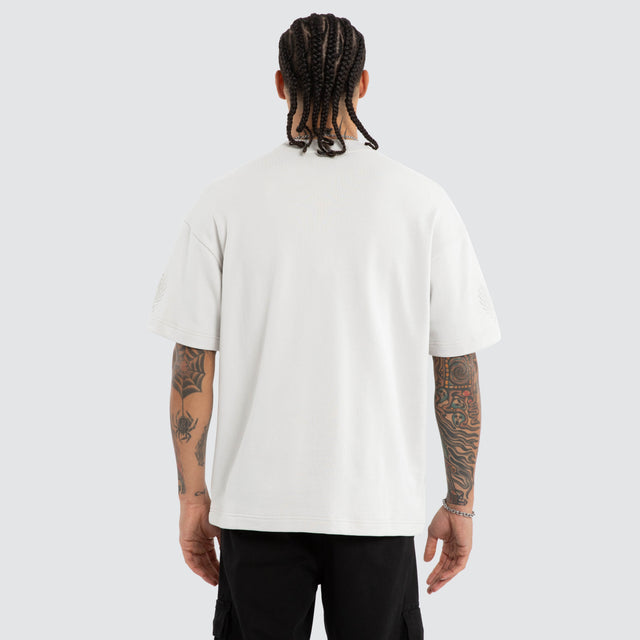 Model wears Drago Loopback Raptor Tee Glacier Grey T-Shirts Grey – image 3