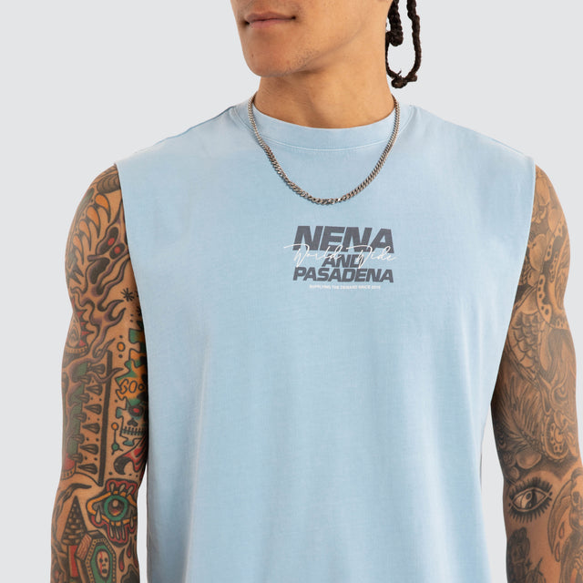 Model wears Liam Relaxed Muscle Pigment Dutch Muscle Tees Blue – image 3