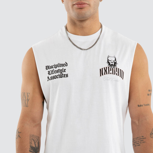 Model wears Hallow Curve Hem Muscle Tee White Muscle Tees in White - Image 3