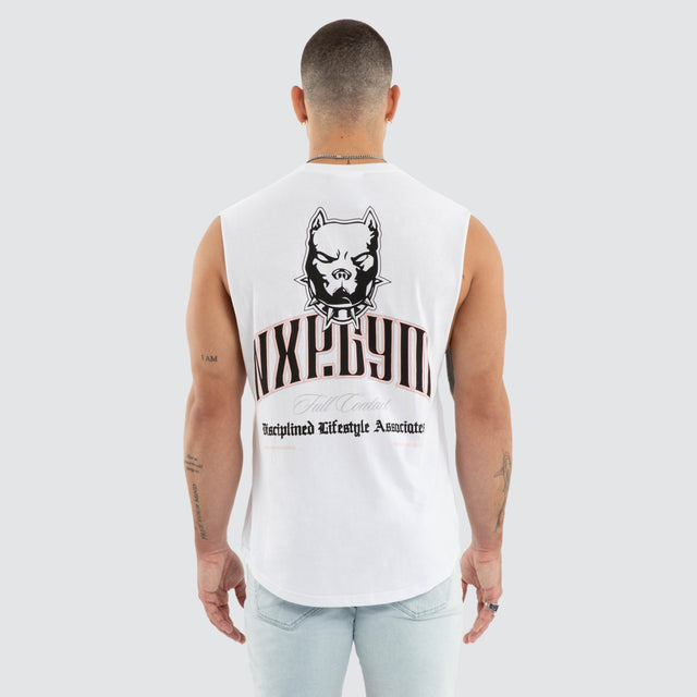 Model wears Hallow Curve Hem Muscle Tee White Muscle Tees in White - Image 2