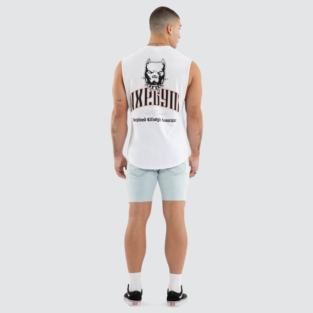 Model wears Hallow Curve Hem Muscle Tee White Muscle Tees in White - Image 4