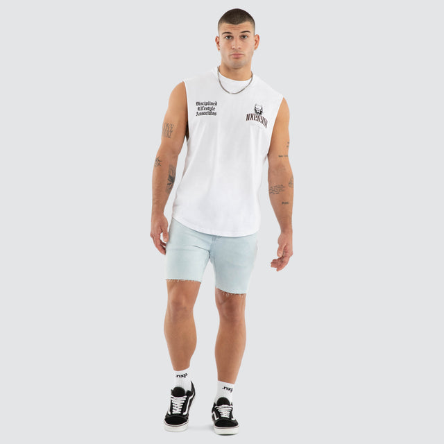 Model wears Hallow Curve Hem Muscle Tee White Muscle Tees in White - Image 5