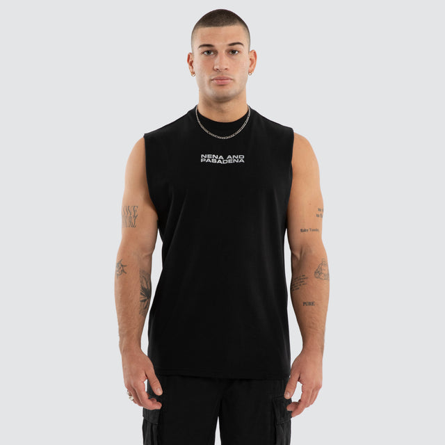 Model wears Ravenor Relaxed Muscle Anthracite Black Muscle Tees in Black - Image 1