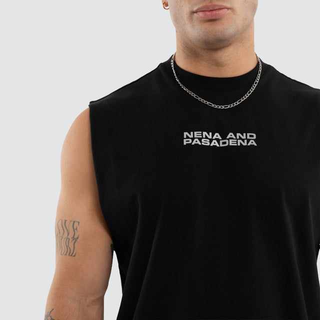 Model wears Ravenor Relaxed Muscle Anthracite Black Muscle Tees in Black - Image 3