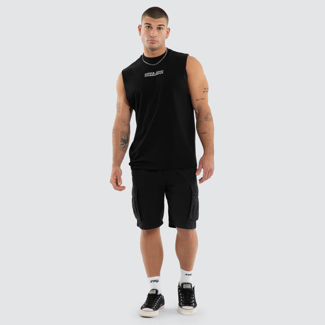 Model wears Ravenor Relaxed Muscle Anthracite Black Muscle Tees in Black - Image 5