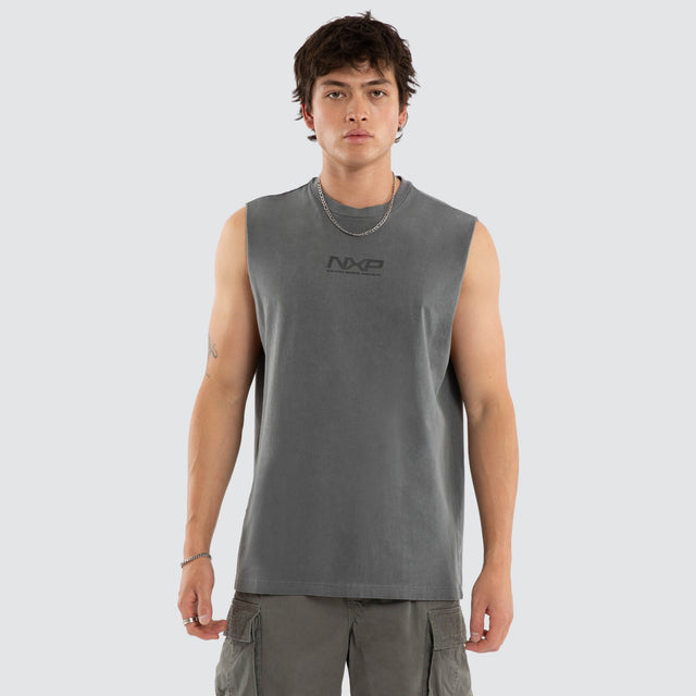 Model wears Nighthold Relaxed Muscle Tee Grey Muscle Tees in Grey - Image 1