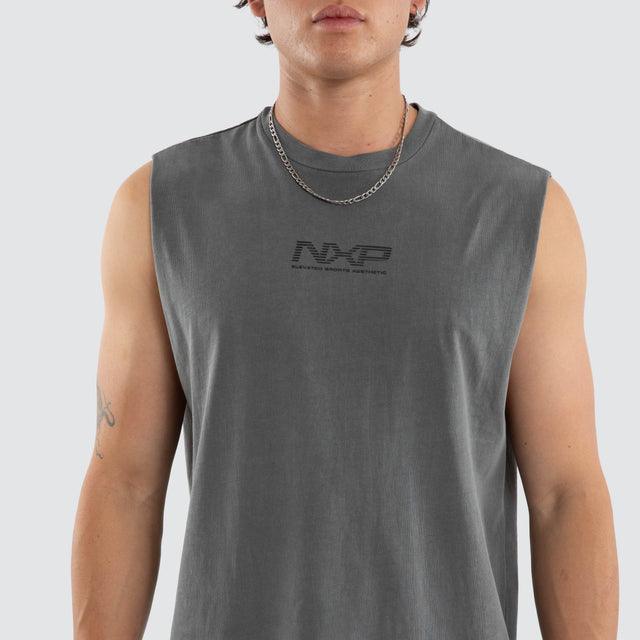 Model wears Nighthold Relaxed Muscle Tee Grey Muscle Tees in Grey - Image 2