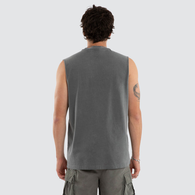 Model wears Nighthold Relaxed Muscle Tee Grey Muscle Tees in Grey - Image 3