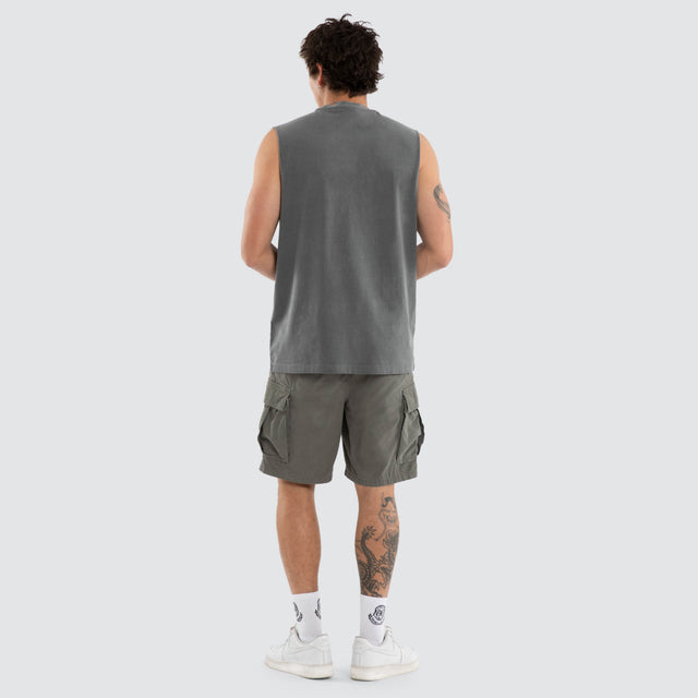 Model wears Nighthold Relaxed Muscle Tee Grey Muscle Tees in Grey - Image 4