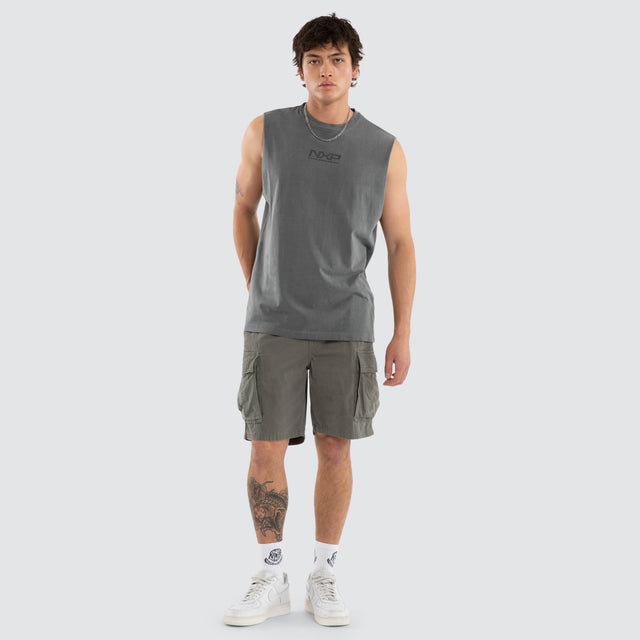 Model wears Nighthold Relaxed Muscle Tee Grey Muscle Tees in Grey - Image 5